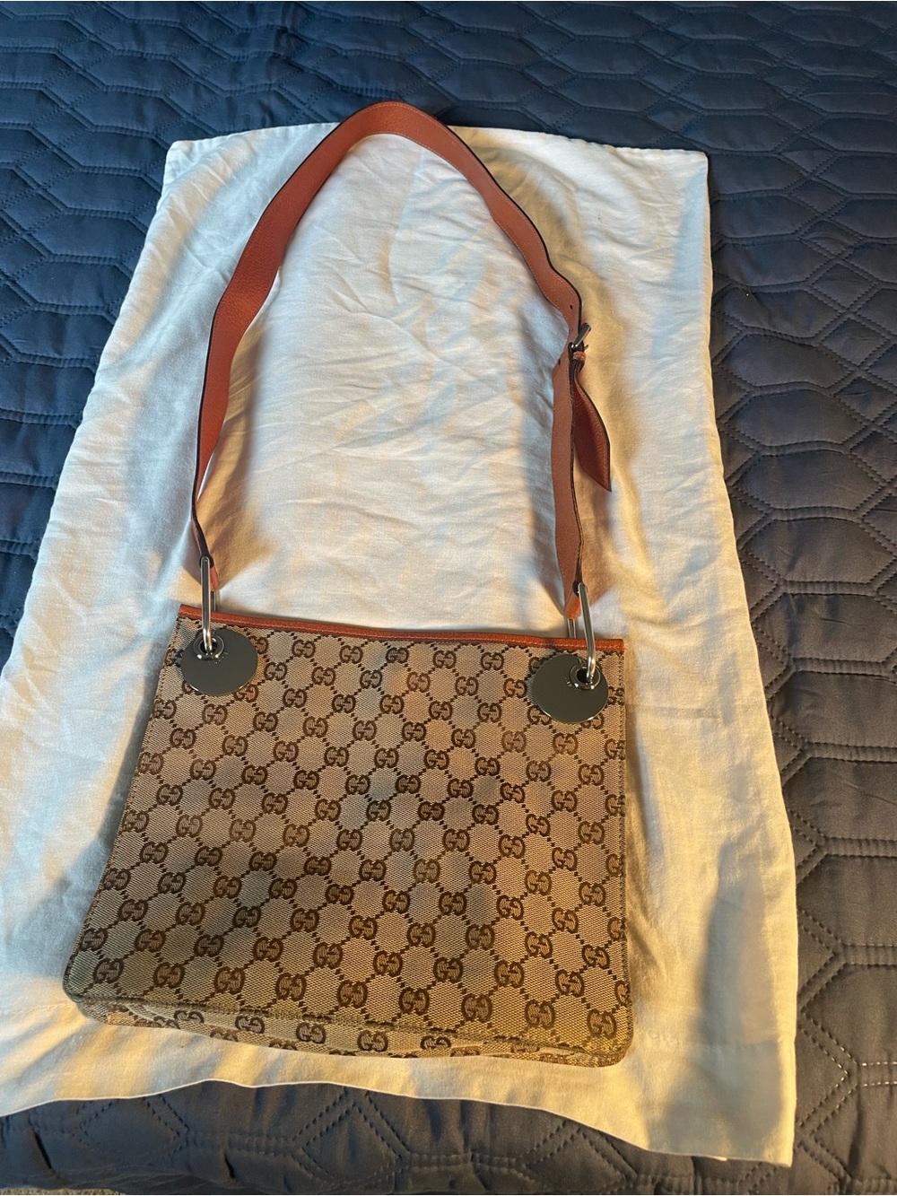 Authentic Gucci Brown Monogram Canvas Shoulder Bag with Tan Leather Strap